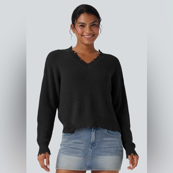 HALARA V-Neck Distressed Casual Sweater - Picture 1 of 8